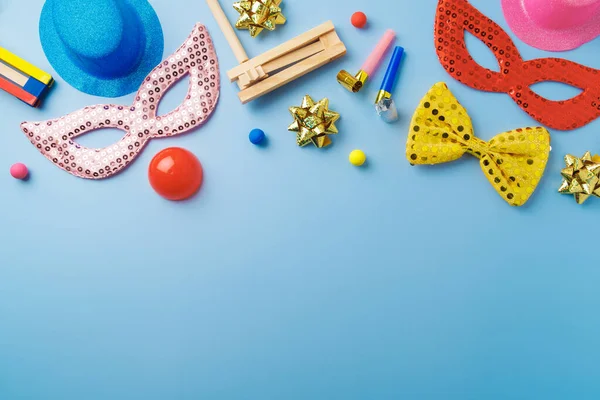 Purim Vacaciones Plana Composición Laica Con Máscara Carnaval Ruidoso Sombrero — Foto de Stock