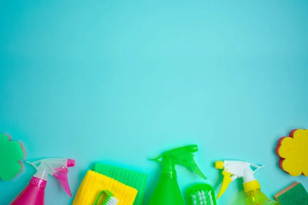 Spring Cleaning Concept Supplies Blue Background Top View Copy Space — Stock Photo, Image