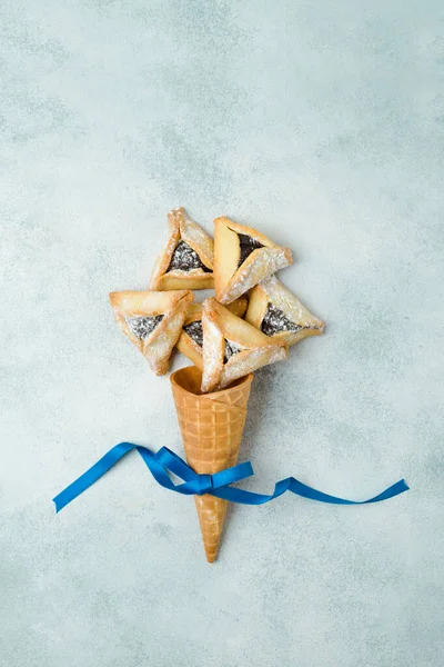 Purim Feriado Hamantaschen Biscoitos Cone Waffle Vista Superior — Fotografia de Stock