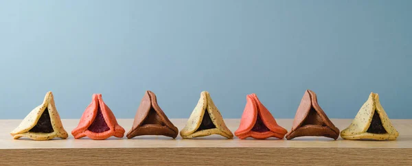 Vacances Juives Concept Pourim Avec Des Biscuits Hamantaschen Colorés Sur — Photo