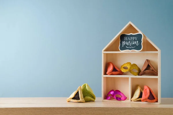 Joodse Vakantie Poerim Viering Achtergrond Met Kleurrijke Hamantaschen Koekjes Speelgoed — Stockfoto