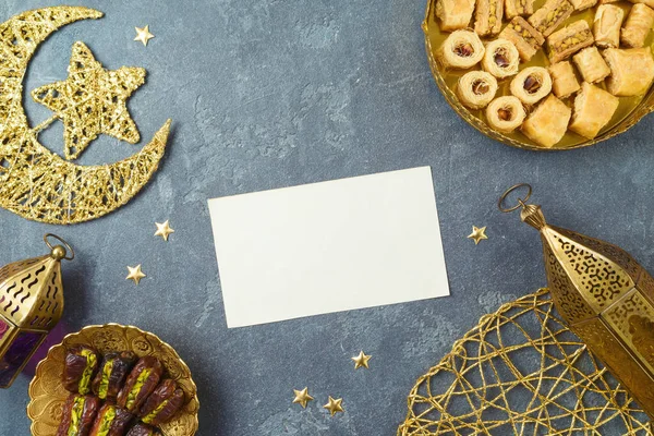 Greeting Card Mock Ramadan Kareem Holiday Dried Dates Ramadan Sweets — Stock Photo, Image