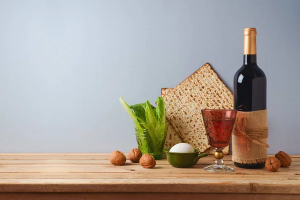 Jewish Holiday Passover Celebration Concept Wine Matzah Walnuts Wooden Table — Stock Photo, Image