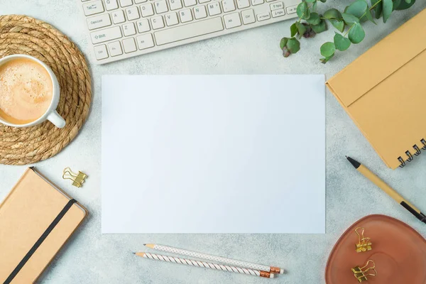 Modern Desk Eco Friendly Stationary Paper Note Computer Keyboard Top — Stock Photo, Image