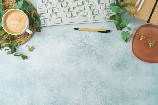 Mesa Moderna Com Teclado Computador Eco Amigável Estacionário Ramos Eucalipto — Fotografia de Stock