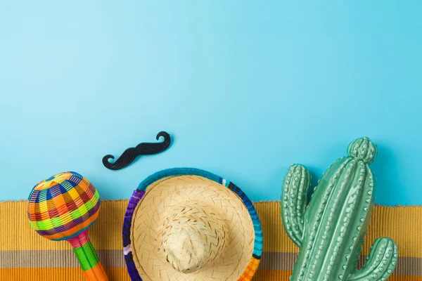 Cinco Mayo Dovolená Pozadí Mexickými Kaktusy Maracas Party Sombrero Klobouk — Stock fotografie