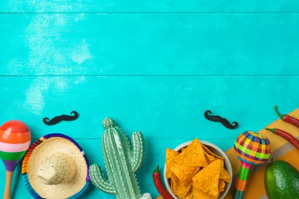 Cinco Mayo Dovolená Pozadí Mexickými Kaktusy Nachos Chipsy Maracas Party — Stock fotografie