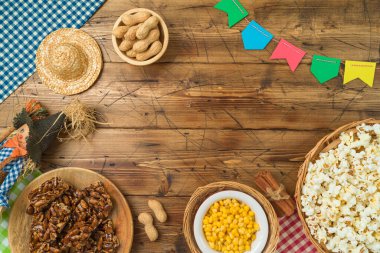 Frame border backgrounf for Festa Junina holiday. Brazilian summer harvest festival concept. Top view, flat lay