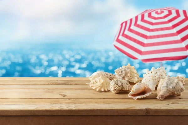 Seashells Wooden Table Sea Beach Background Summer Mock Design Product — Stockfoto
