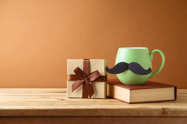 Happy Fathers Day Concept Green Coffee Cup Mustache Book Gift — Stock Photo, Image