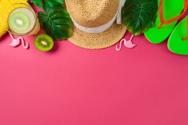 Summer Holiday Vacation Concept Beach Accessories Tropical Leaves Pink Background — 스톡 사진
