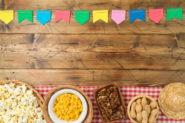 Rahmenrahmen Hintergrund Für Festa Junina Urlaub Brasilianisches Sommererntefest Konzept Draufsicht — Stockfoto