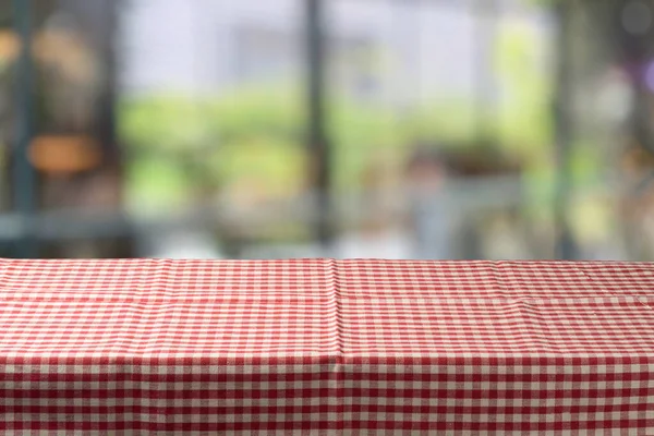 Red Checked Tablecloth Table Window Blurred Background Kitchen Interior Mock — Stock Photo, Image