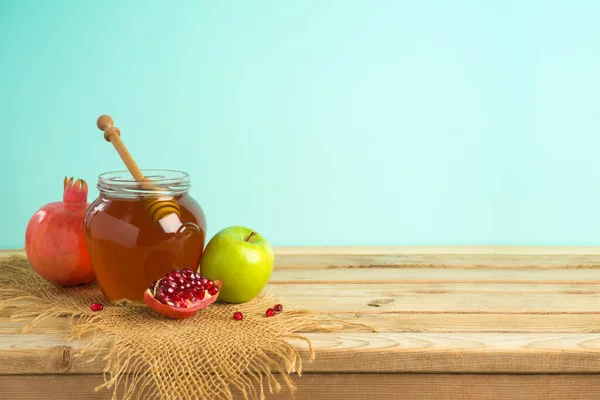 Joodse Vakantie Rosh Hashana Achtergrond Met Honing Appel Granaatappel Houten — Stockfoto