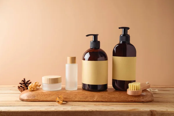 Body Care Products Labels Mock Packaging Design Wooden Table Beige — ストック写真