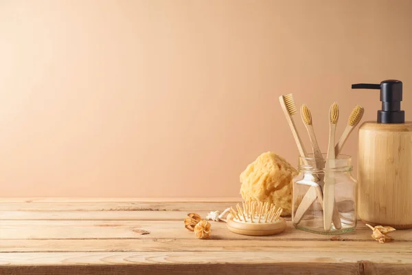 Eco Friendly Toothbrush Soap Dispenser Wooden Table Beige Background — ストック写真