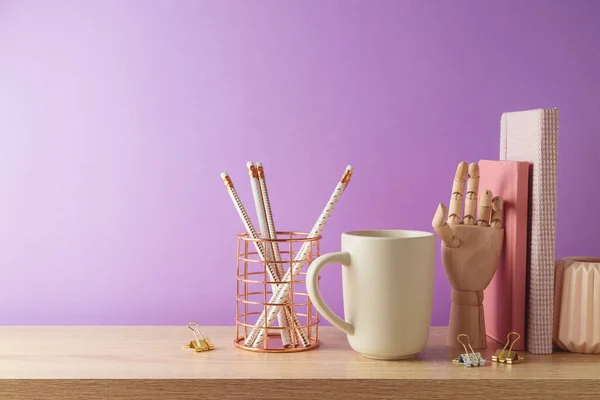 Minimal Feminine Workspace Coffee Cup Notebook Pencils Purple Background Back —  Fotos de Stock