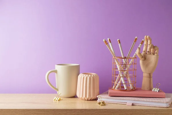 Elegant Home Office Table Coffee Cup Notebook Pencils Purple Background —  Fotos de Stock