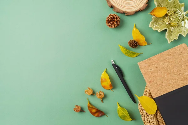 Stylish Desk Notebook Autumn Leaves Green Background Back School Concept — Φωτογραφία Αρχείου
