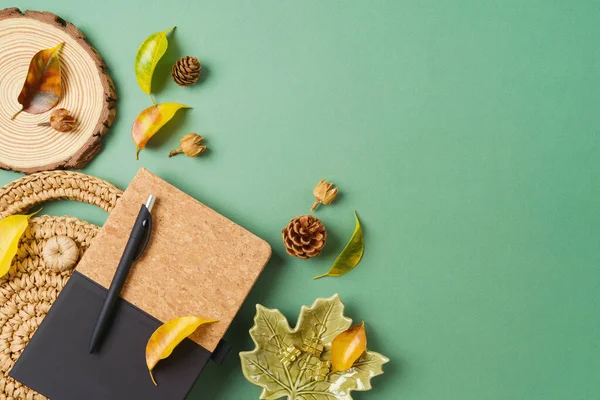 Stylish Boho Desk Planner Bag Autumn Leaves Green Background Back — Φωτογραφία Αρχείου
