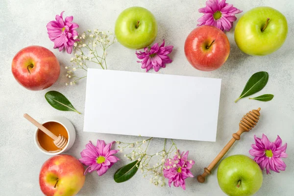 Jewish Holiday Rosh Hashanah Greeting Card Mock Top View Background — Stok fotoğraf