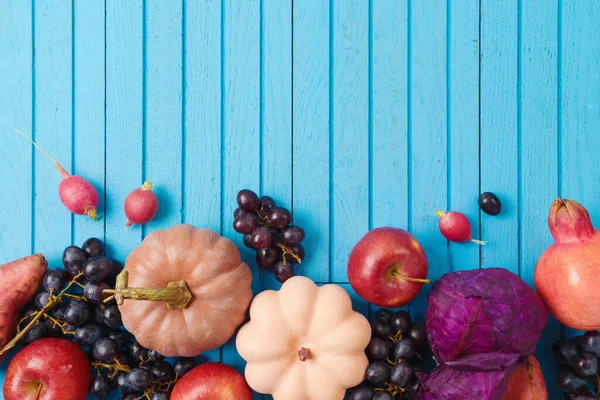 Autumn Harvest Background Trendy Color Pumpkin Apple Grapes Vegetables Blue — Foto Stock