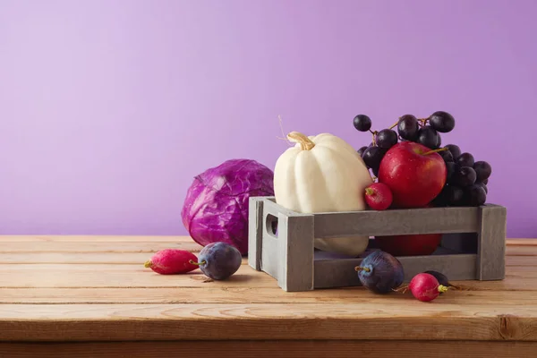 Healthy Harvest Concept Pumpkin Apple Grapes Vegetables Wooden Box Table —  Fotos de Stock