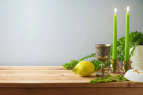 Jewish Holiday Sukkot Celebration Background Traditional Symbols Decorations Wooden Table — Stockfoto