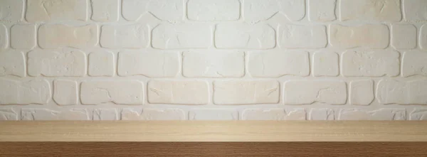 Empty Wooden Table Brick White Wall Background Interior Mock Design — Stock Photo, Image