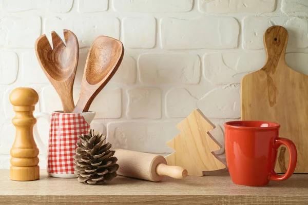 Kichen Keukengerei Koffiebeker Houten Plank Kerstmis Nieuwjaar Vakantie Mock Design — Stockfoto