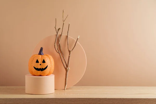 Moderne Stillleben Komposition Für Den Halloween Feiertag Kürbis Und Ast — Stockfoto