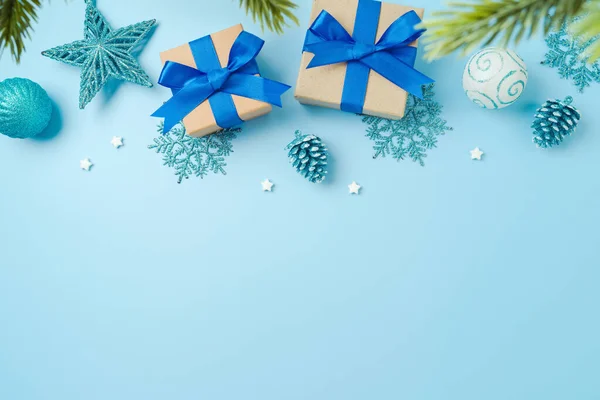 Veselé Vánoční Pozadí Dárkové Boxerky Modré Dekorace Pohled Shora Byt — Stock fotografie