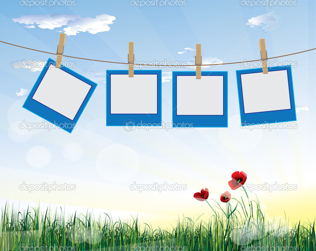 photographs hanging on a line