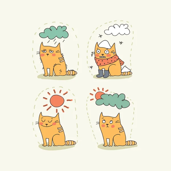 Doodle weather icon set with a cat — Stock Vector