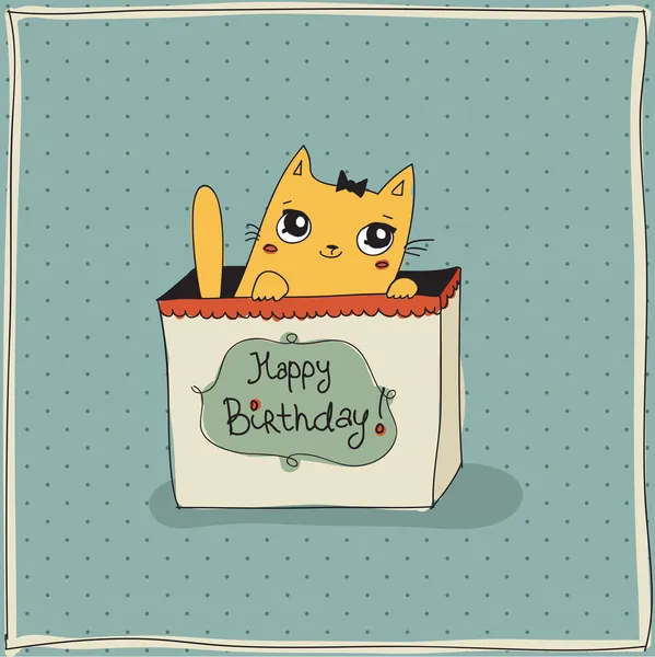 Cute cat, happy birthday card — Stock Vector