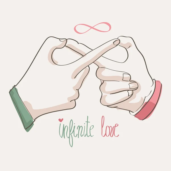 Doodle handen oneindigheidsteken maken. oneindige liefde. — Stockvector