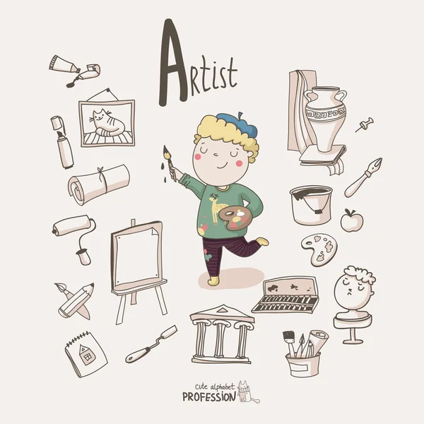 Karikaturist Junge. Künstlerisches Set — Stockillustration Künstlerjunge. — Stockvektor