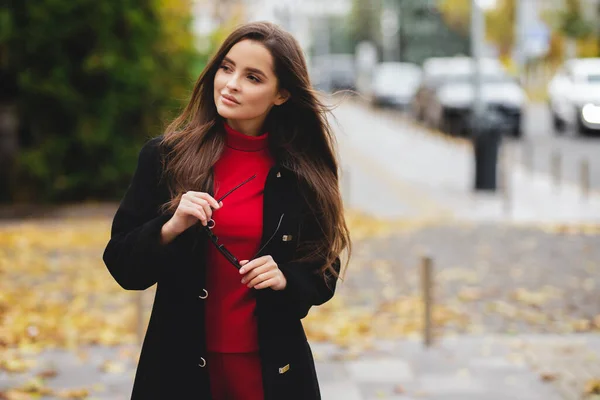 Autumn Portrait Attractive Girl Autumn Shades Stylish Girl Relaxes Warm — Stock Photo, Image