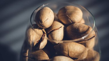 Taze cevizlerle dolu bir hayat. Cam kasede fındık