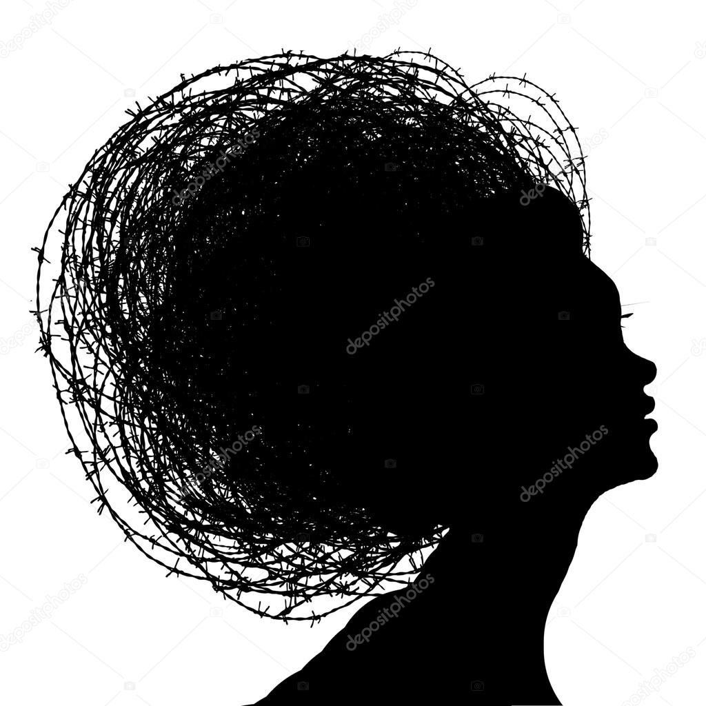 Woman head with hair from barbed wires