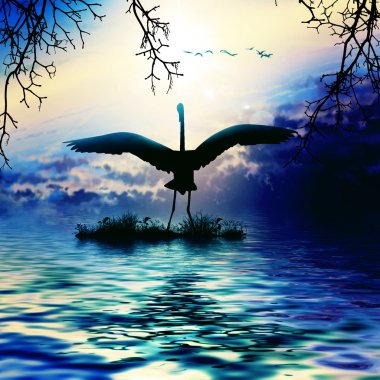 Göl kenarında leylek siluet