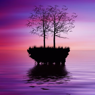 ağaçlar, nehir ve kuşlar