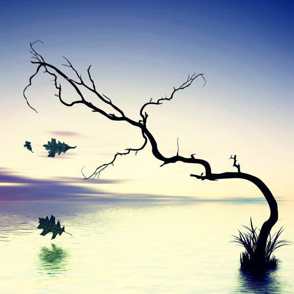 Landscape with tree and falling leaves