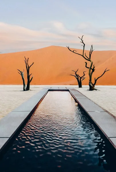 Pool in the desert. Oil painting imitation. 3D illustration.