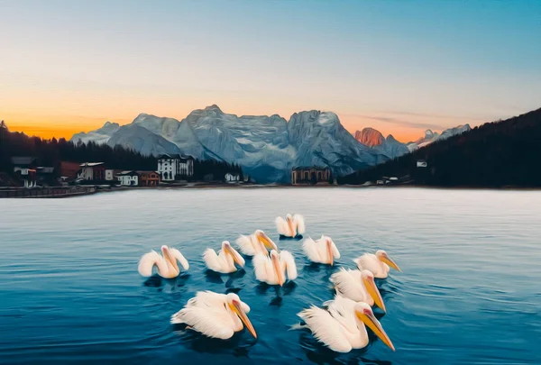 Pelikany Pływające Stadzie Jeziorze Imitacja Malarstwa Olejnego Ilustracja — Zdjęcie stockowe