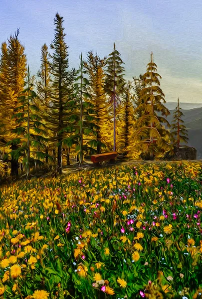 Eine Blumenwiese Vor Dem Wald Imitation Von Ölgemälden Illustration — Stockfoto