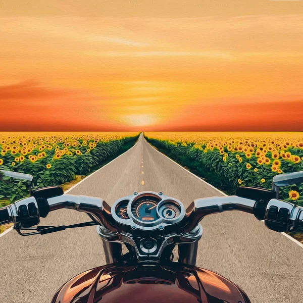 View Motorbike Driver Perspective Fields Sunflowers Bloom Oil Painting Imitation — Stock Photo, Image