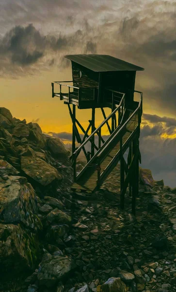 Μια Ξύλινη Καλύβα Ξυλοπόδαρα Στα Βουνά Απομίμηση Ζωγραφικής Πετρελαίου Απεικόνιση Φωτογραφία Αρχείου