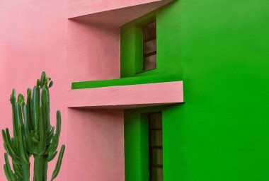 Eski bir evin pembe yeşil cephesinin arka planında kaktüs. Yağlı boya taklidi. 3B illüstrasyon.