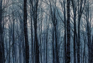 Gece dallı kış ormanı. Yağlı boya taklidi. 3B illüstrasyon.